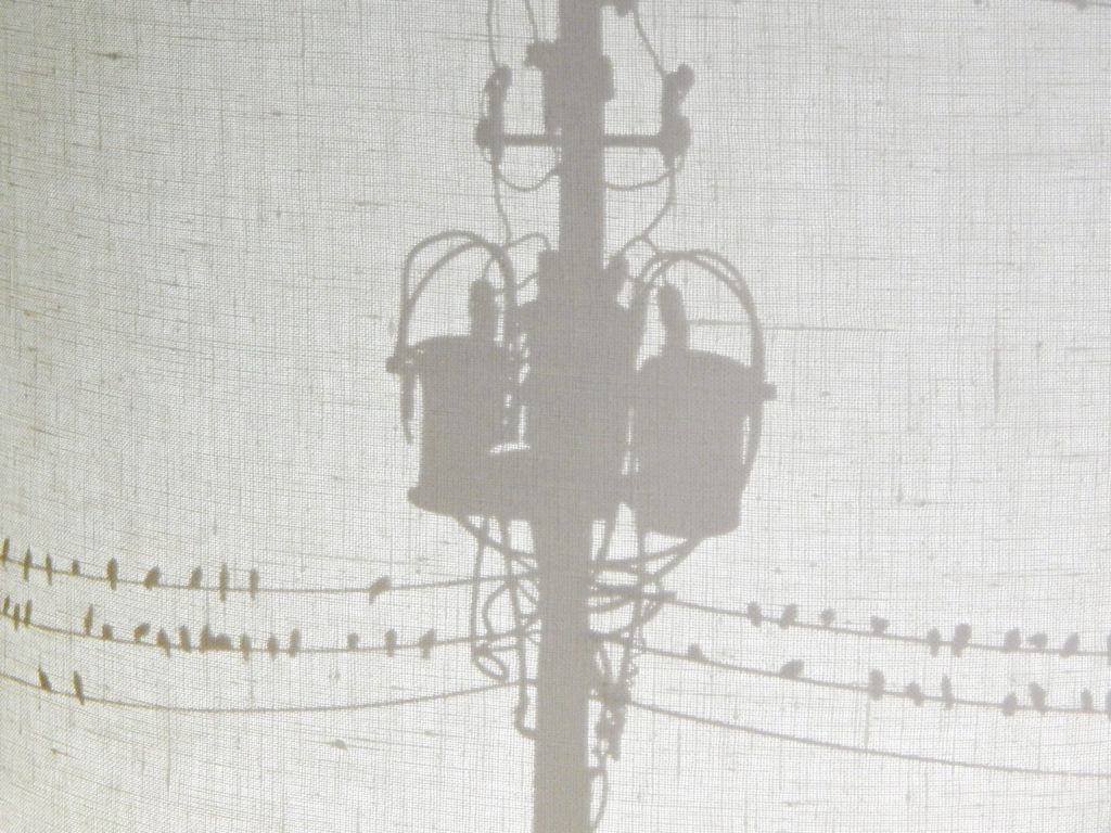 Screenprinted lampshade detail with light on